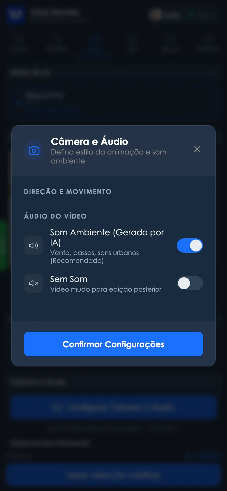 Modal de câmera e áudio do vídeo
