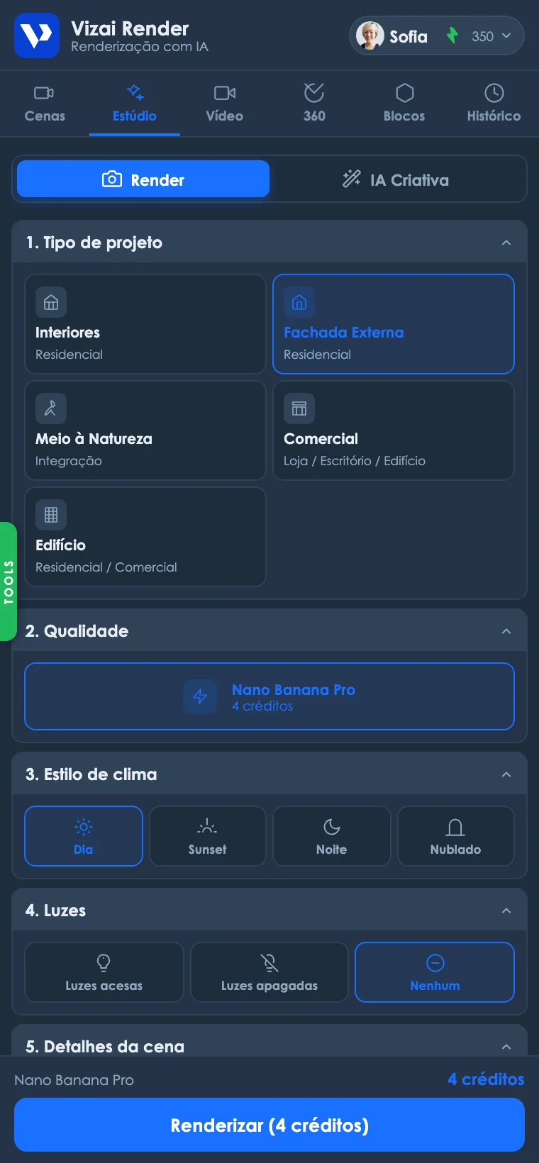 Aba Estúdio no modo Render